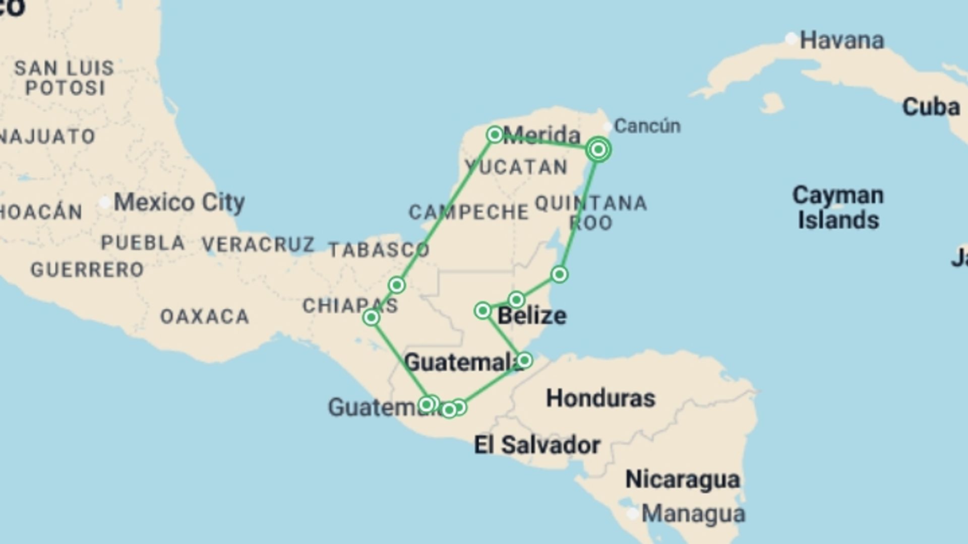 A map showing the tour itinerary for the trip: Mayan Adventure: Mexico, Belize & Guatemala, starting in Playa Del Carmen, Mexico and ending in Playa Del Carmen, Mexico going through 13 other destinations.
