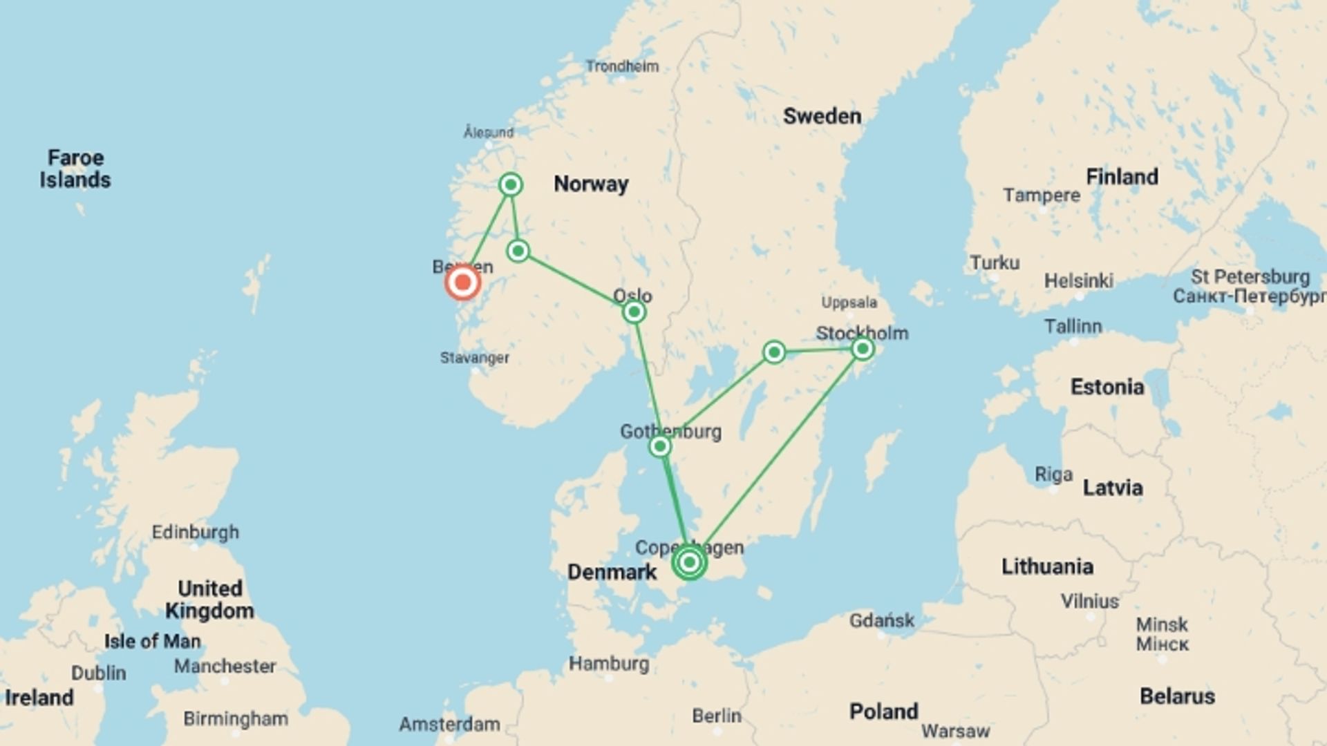 A map showing the tour itinerary for the trip: Spectacular Scandinavia , starting in Copenhagen, Denmark and ending in Bergen, Norway going through 0 other destinations.