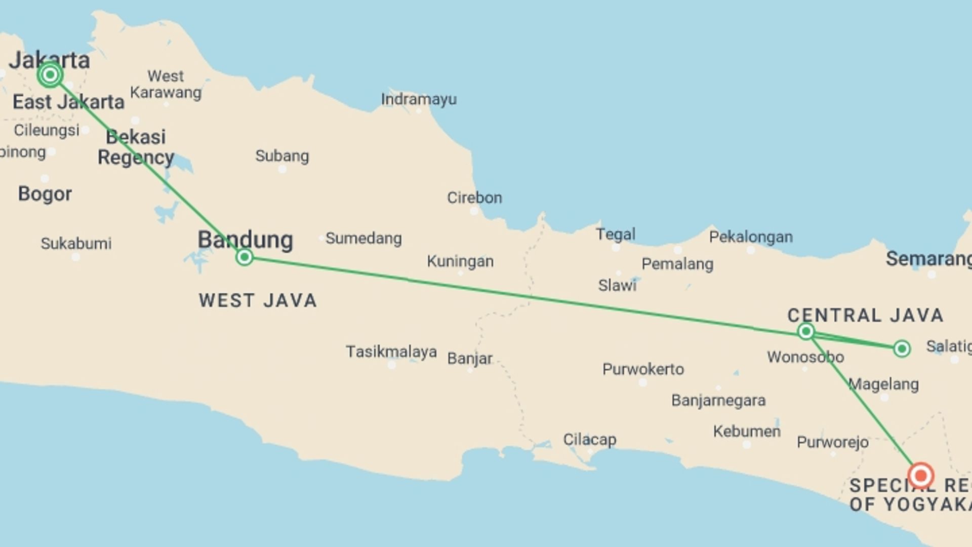 A map showing the tour itinerary for the trip: Highlights of Java: Temples & The Dieng Plateau, starting in Jakarta, Indonesia and ending in Yogyakarta, Indonesia going through 3 other destinations.