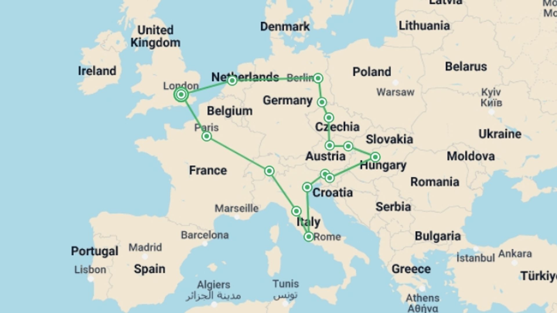 A map showing the tour itinerary for the trip: Play & Pause: Central & Eastern Europe (Winter), starting in London, England and ending in London, England going through 9 other destinations.