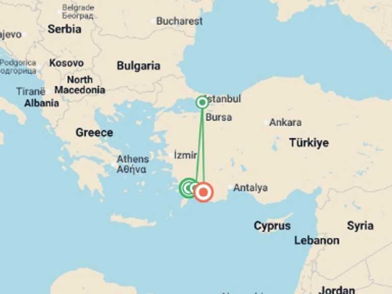 Map itinerary of Europe Tour in September 2026 with 4 destination visits for the trip: Marmaris to Fethiye - 4 days