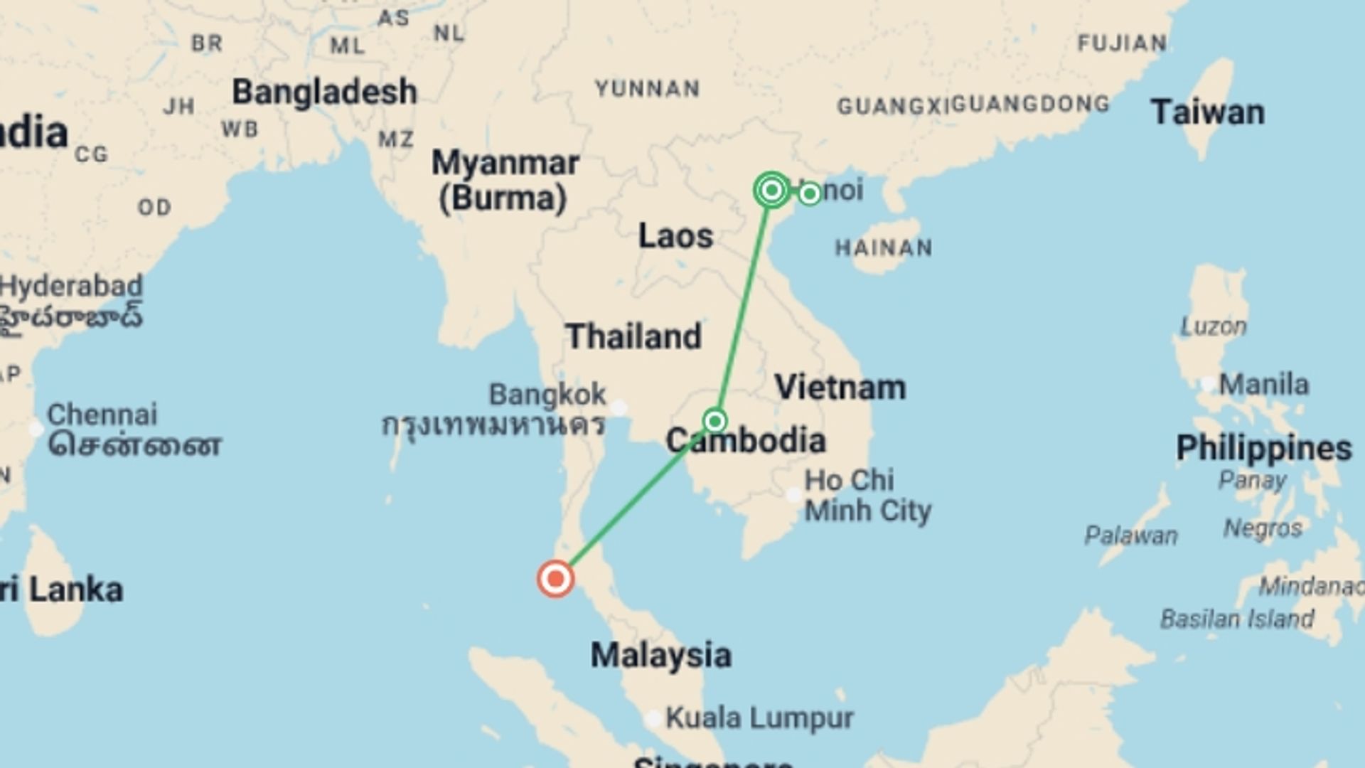 A map showing the tour itinerary for the trip: Treasures of Southeast Asia - 11 days, starting in Hanoi, Vietnam and ending in Phuket, Thailand going through 3 other destinations.