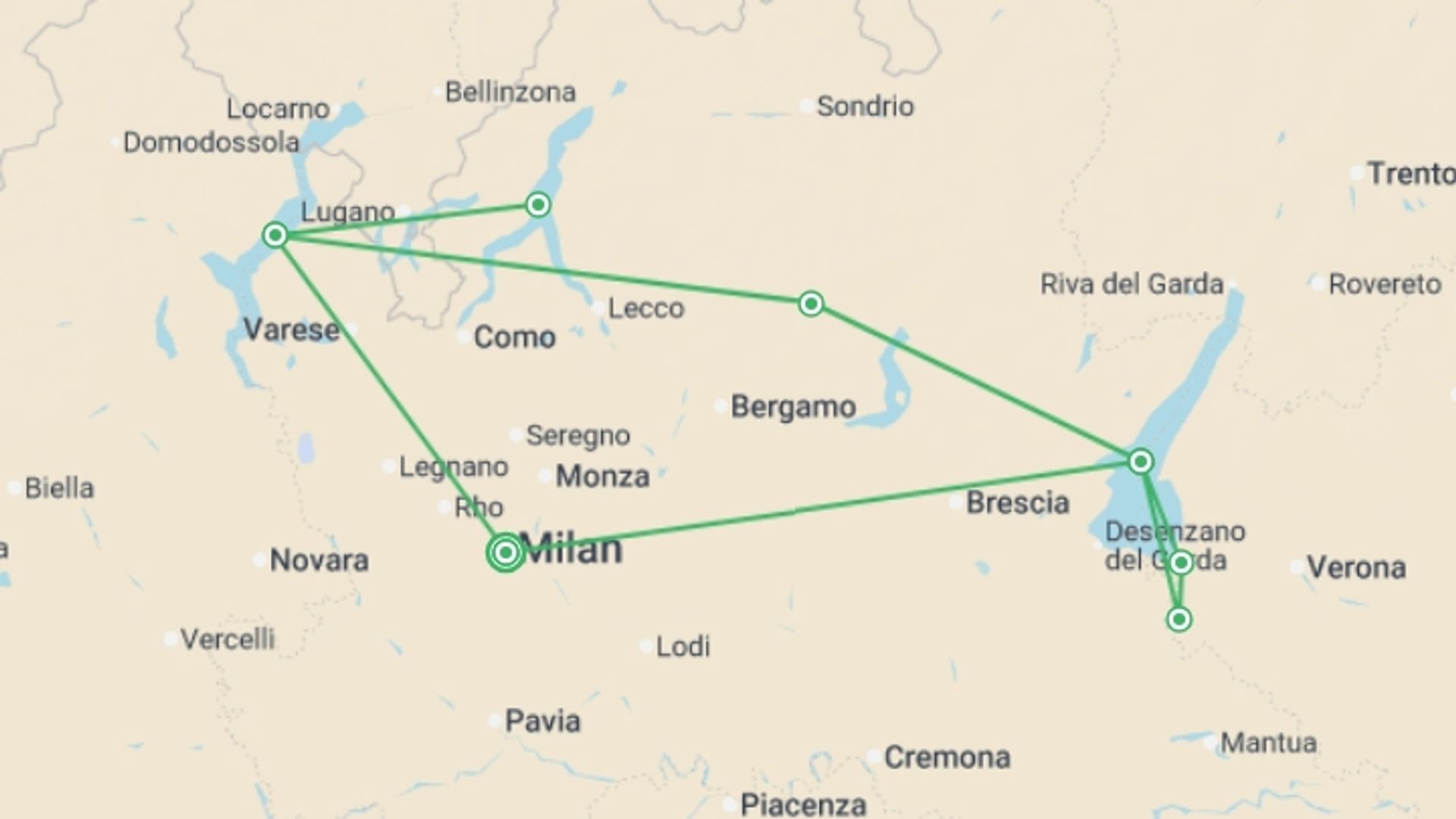 A map showing the tour itinerary for the trip: Enchanting Waters: Discovering The Lakes Of Italy, Self-drive, starting in Lake Maggiore area, Italy and ending in Lake Maggiore area, Italy going through 3 other destinations.