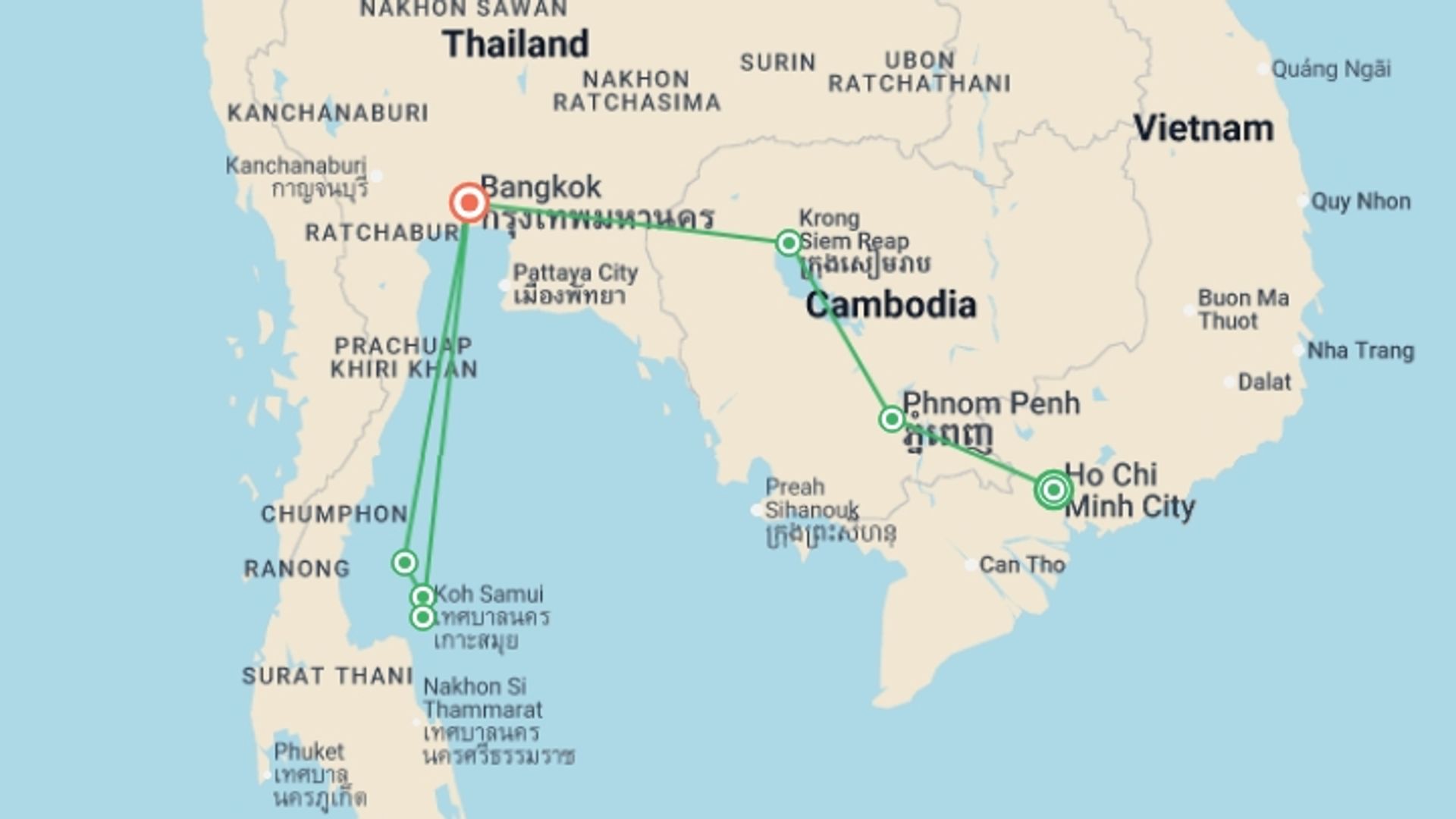 A map showing the tour itinerary for the trip: Cambodia & The Thai Islands – East Coast, starting in Ho Chi Minh City, Vietnam and ending in Bangkok, Thailand going through 5 other destinations.