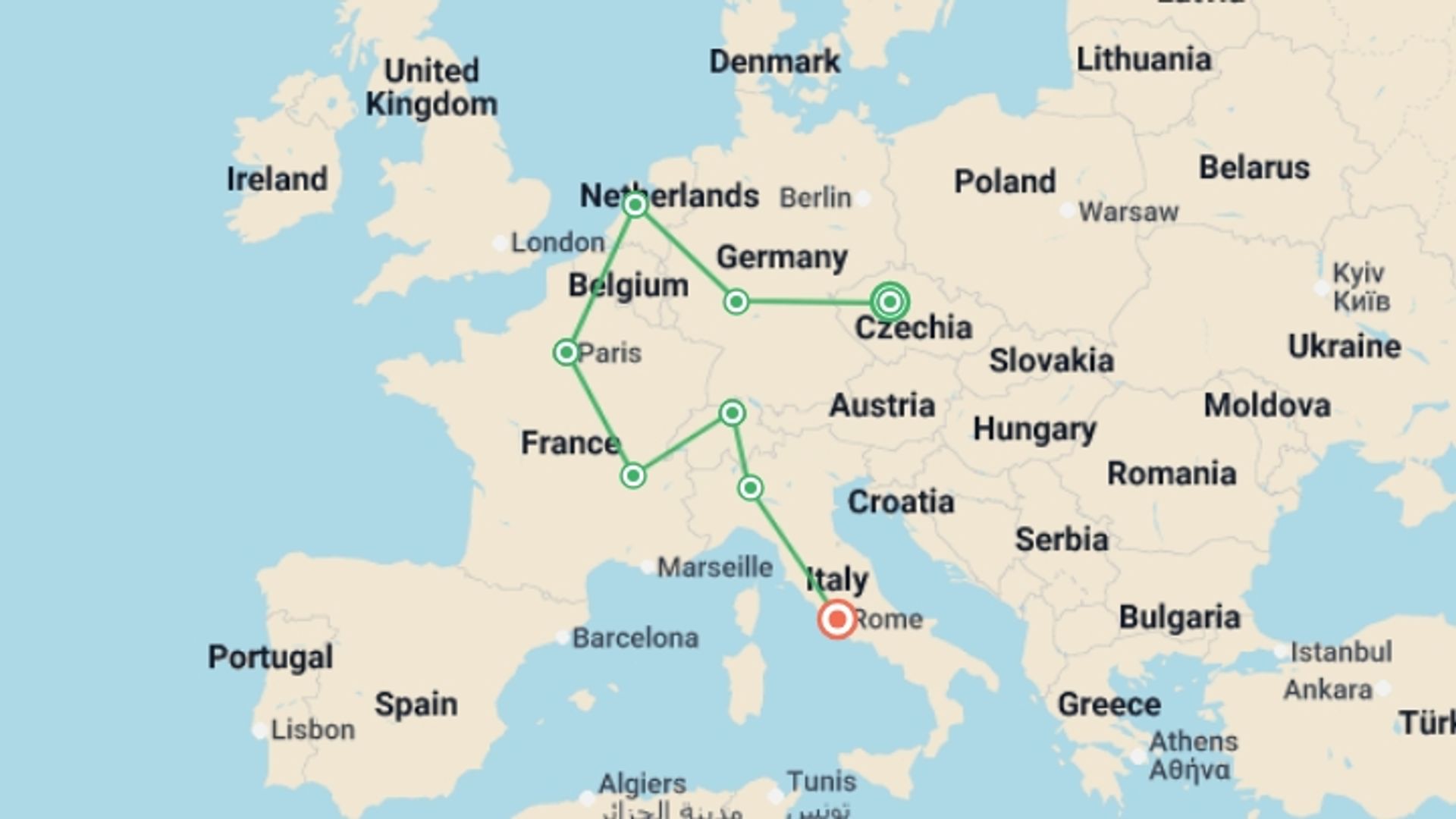 A map showing the tour itinerary for the trip: Desired Europe GO, starting in Prague, Czech Republic and ending in Rome, Italy going through 6 other destinations.