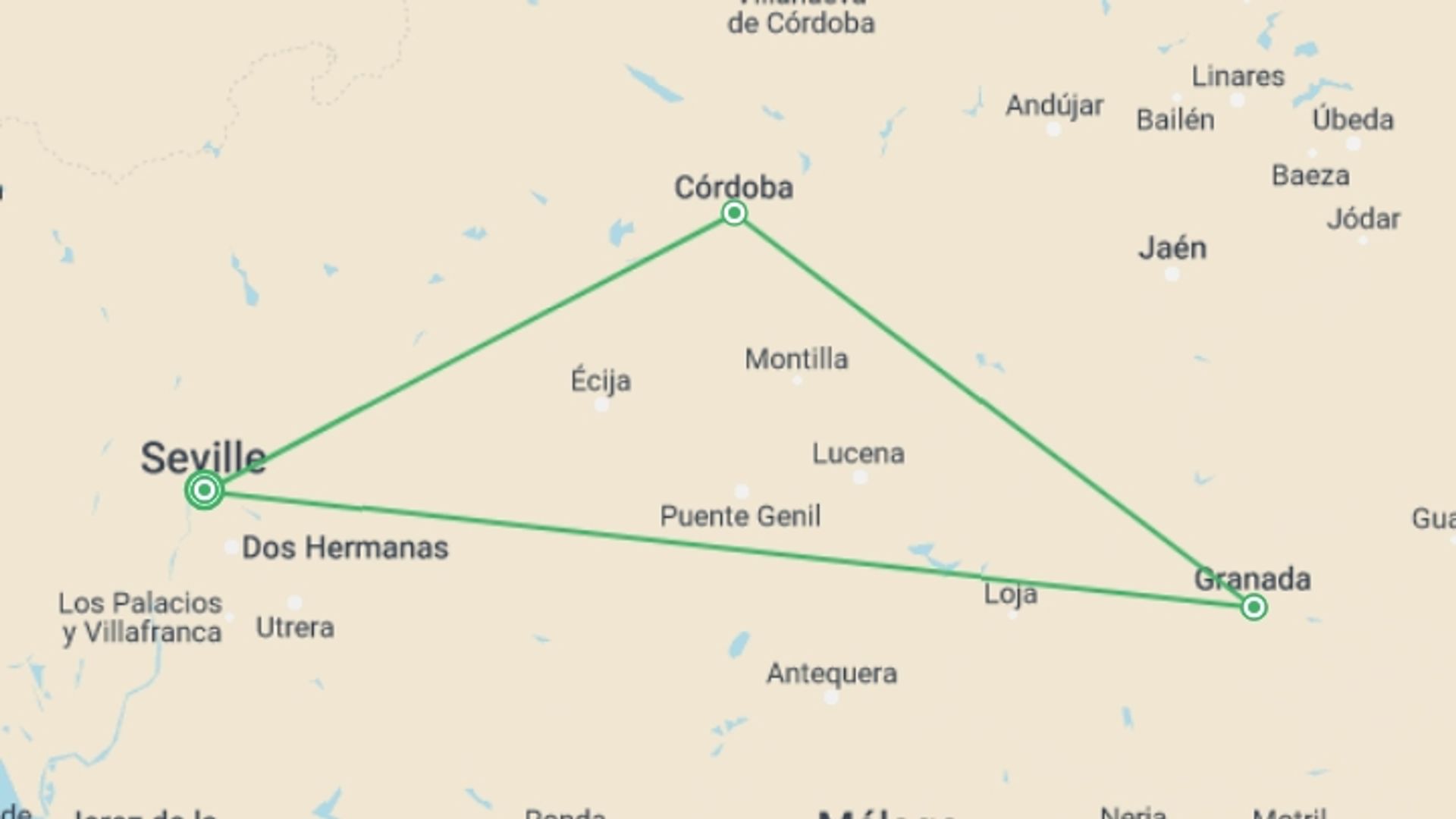 A map showing the tour itinerary for the trip: Must Of Andalusia, Self-drive, starting in Seville, Spain and ending in Seville, Spain going through 1 other destinations.