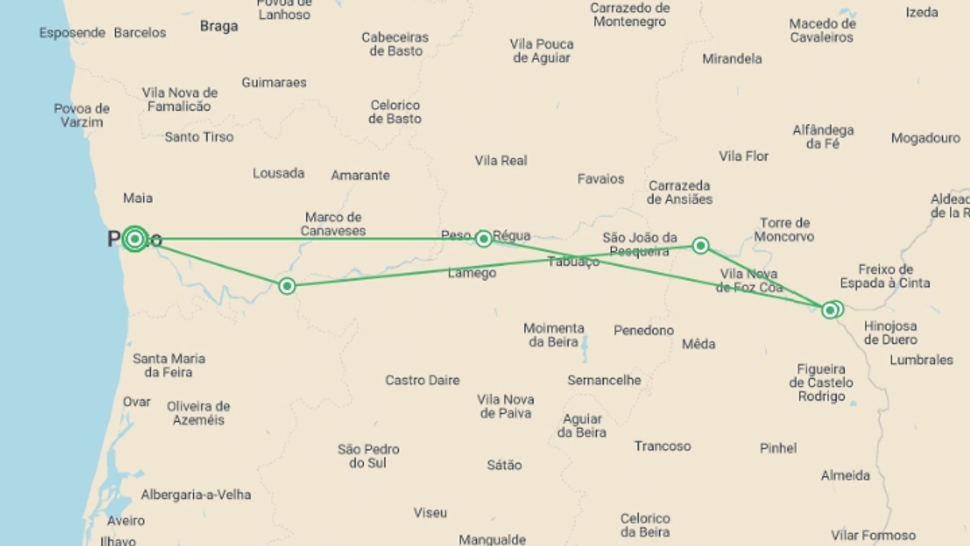 A map showing the tour itinerary for the trip: Cruise and Hikes in The Douro Valley, A Nature Lover's Dream (port-to-port cruise), starting in Porto, Portugal and ending in Porto, Portugal going through 6 other destinations.