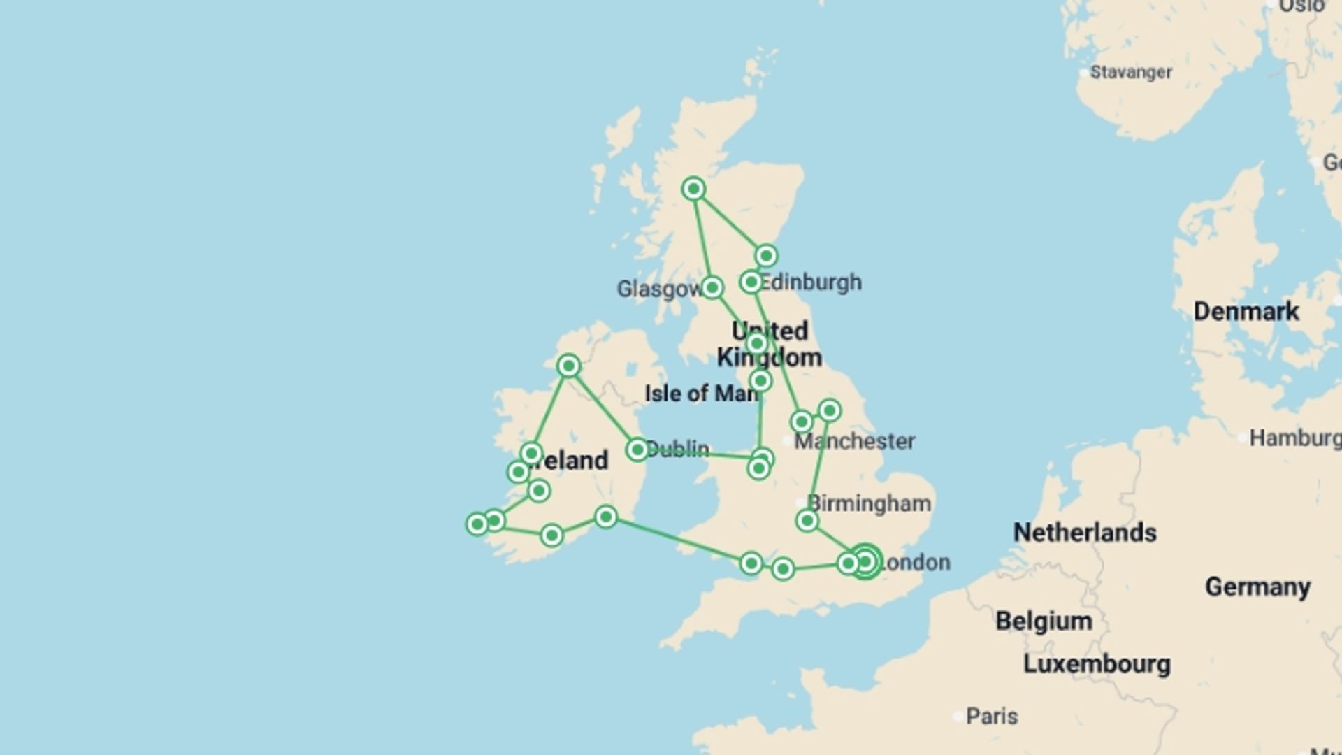 A map showing the tour itinerary for the trip: Britain and Ireland Explorer, starting in London, England and ending in London, England going through 11 other destinations.