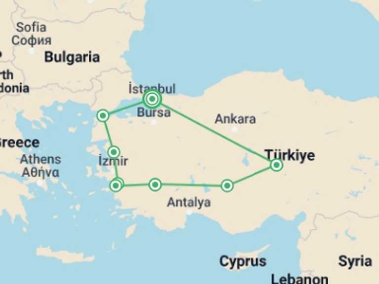 Map of a War sites Tour with 12 destination visits for the trip: Turkey Classics Tour