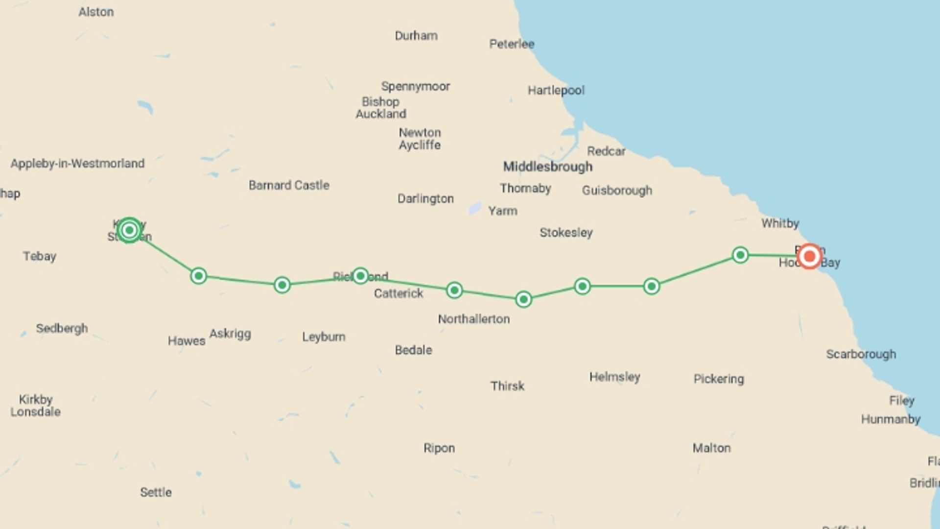 A map showing the tour itinerary for the trip: Coast to Coast: Walk Kirkby Stephen to Robin Hood's Bay - 11 Days, starting in Kirkby Stephen, England and ending in Robin Hoods Bay, England going through 9 other destinations.