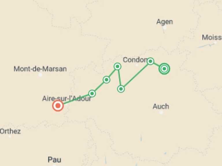 Map of The Way of St. James Walking Tour with 9 destination visits for the trip: Le Puy Camino - Lectoure to Aire sur l'Adour