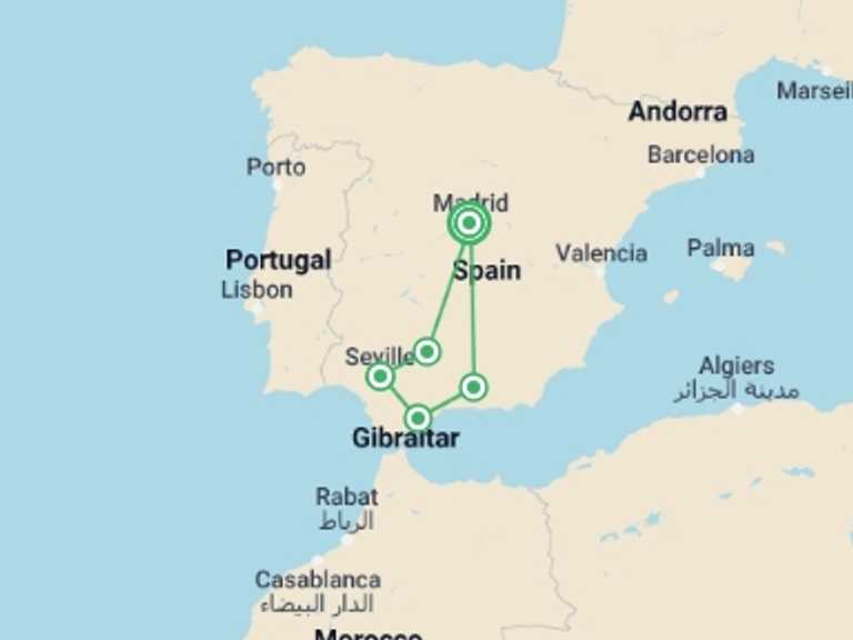 Map itinerary of Spain Tour in February 2026 with 5 destination visits for the trip: Treasures of Spain