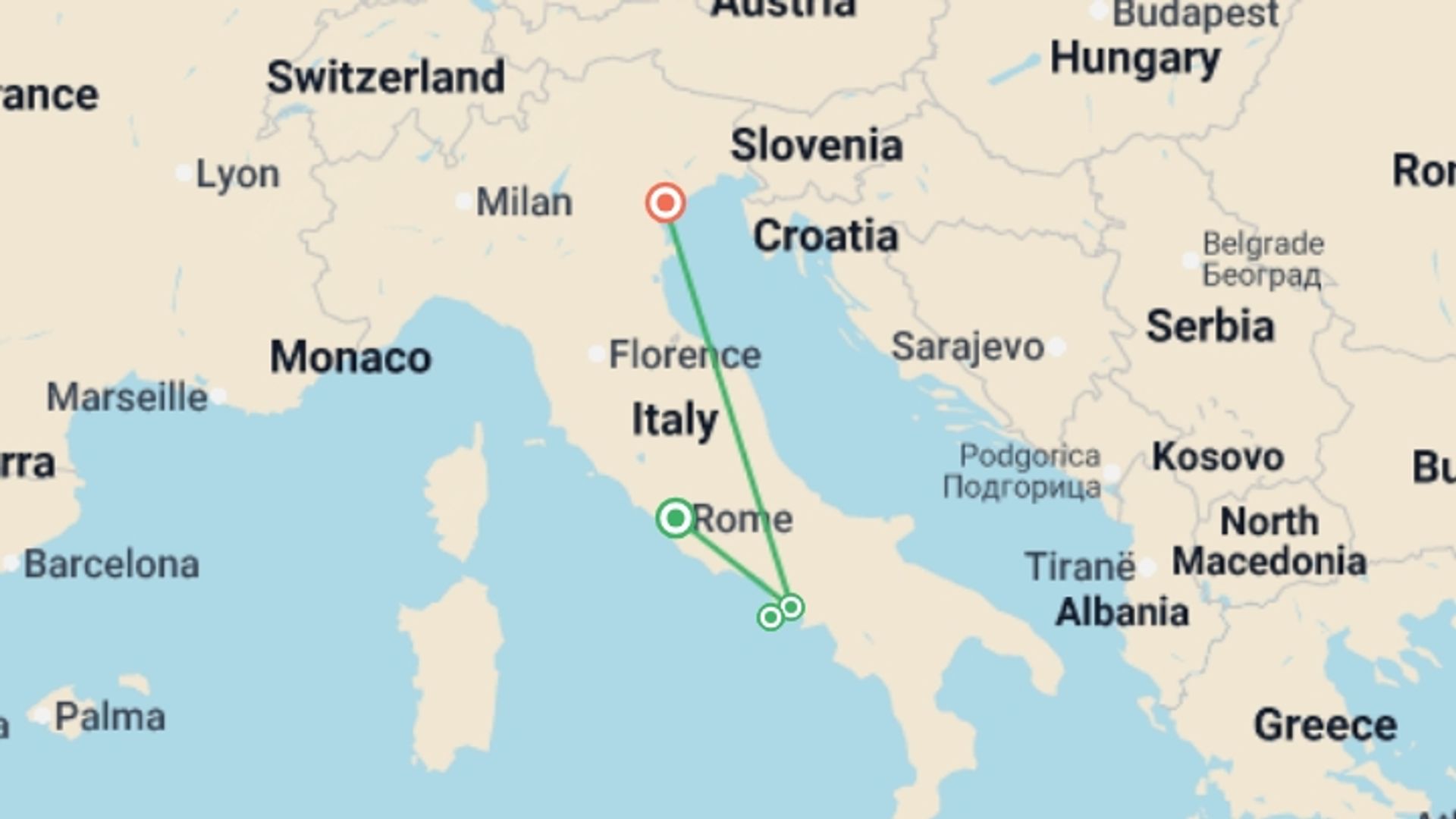 A map showing the tour itinerary for the trip: Ischia Wellness Escape, starting in Rome, Italy and ending in Venice, Italy going through 2 other destinations.