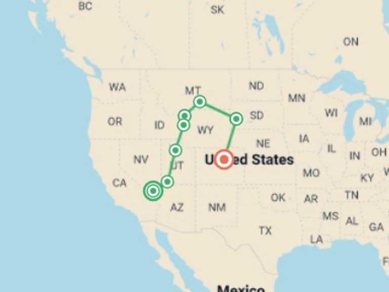 Map of North America Tour with 8 destination visits for the trip: Western Frontiers