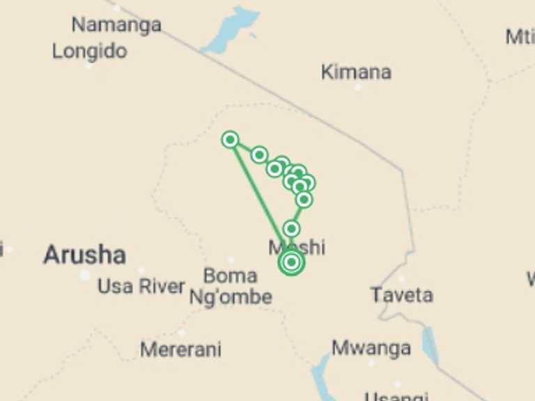 Map of Moshi Climbing Tour with 10 destination visits for the trip: Eight-Day Mount Kilimanjaro Climb: Lemosho Route