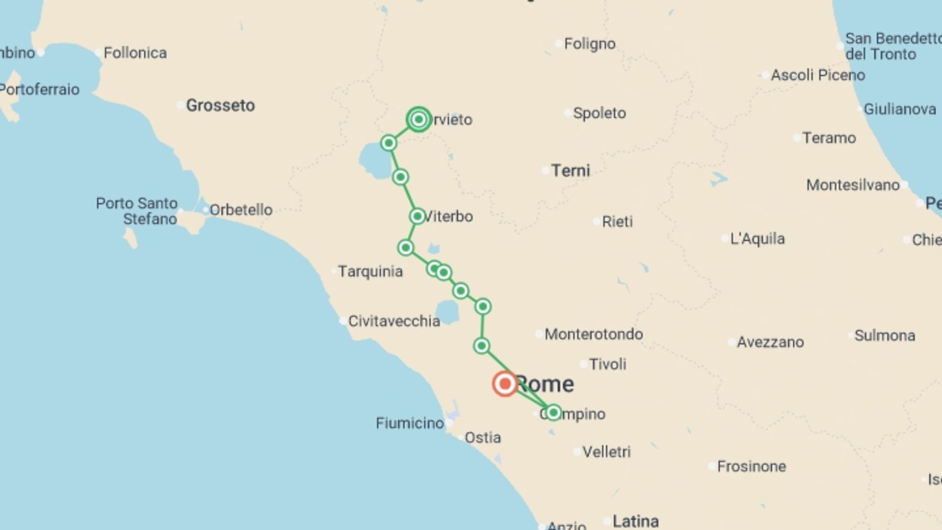 A map showing the tour itinerary for the trip: Via Francigena: Orvieto to Rome, starting in Orvieto, Italy and ending in Rome, Italy going through 8 other destinations.