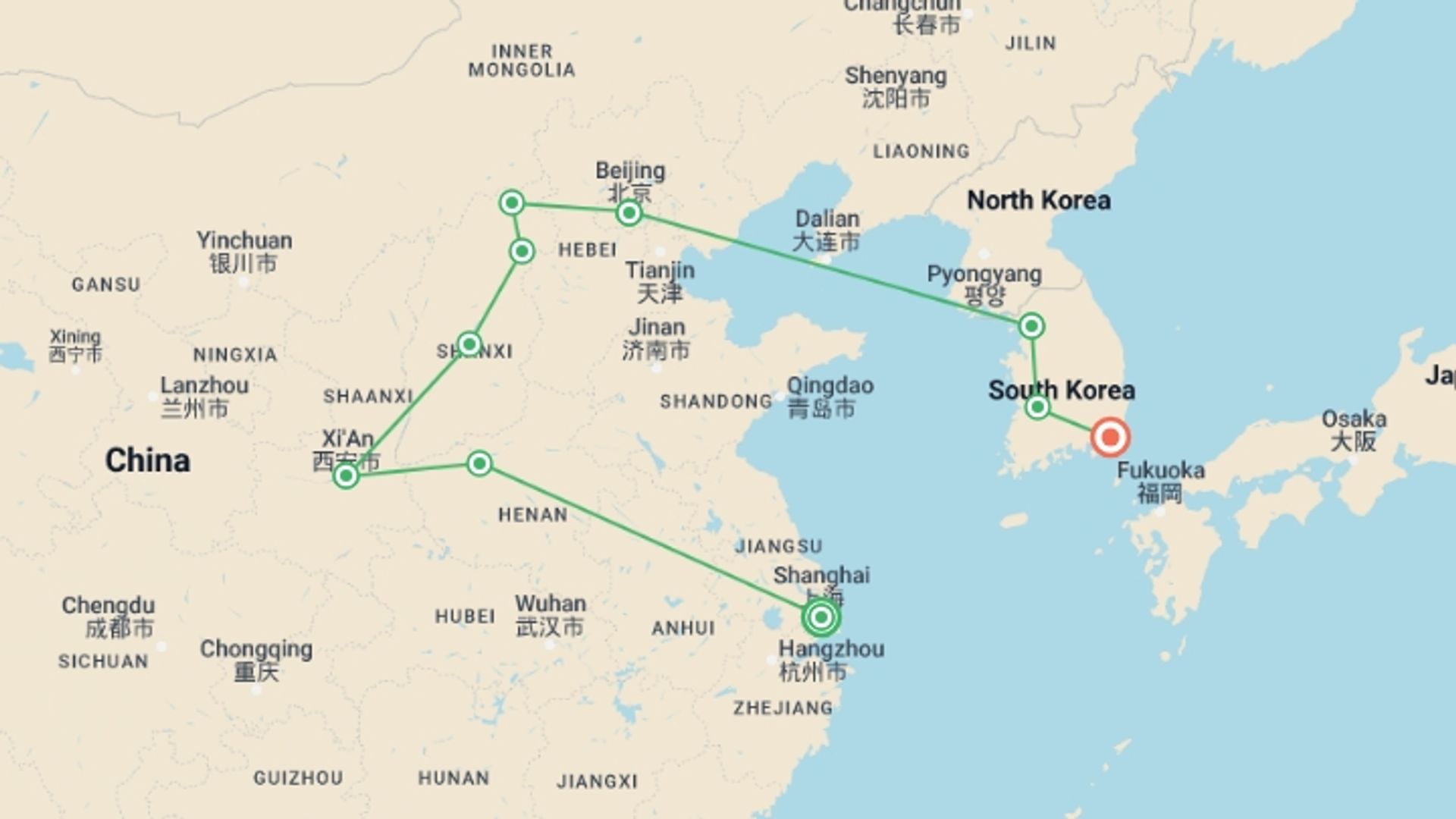 A map showing the tour itinerary for the trip: Wonders of China and Korea Classics, starting in Shanghai, China and ending in Busan, South Korea going through 8 other destinations.