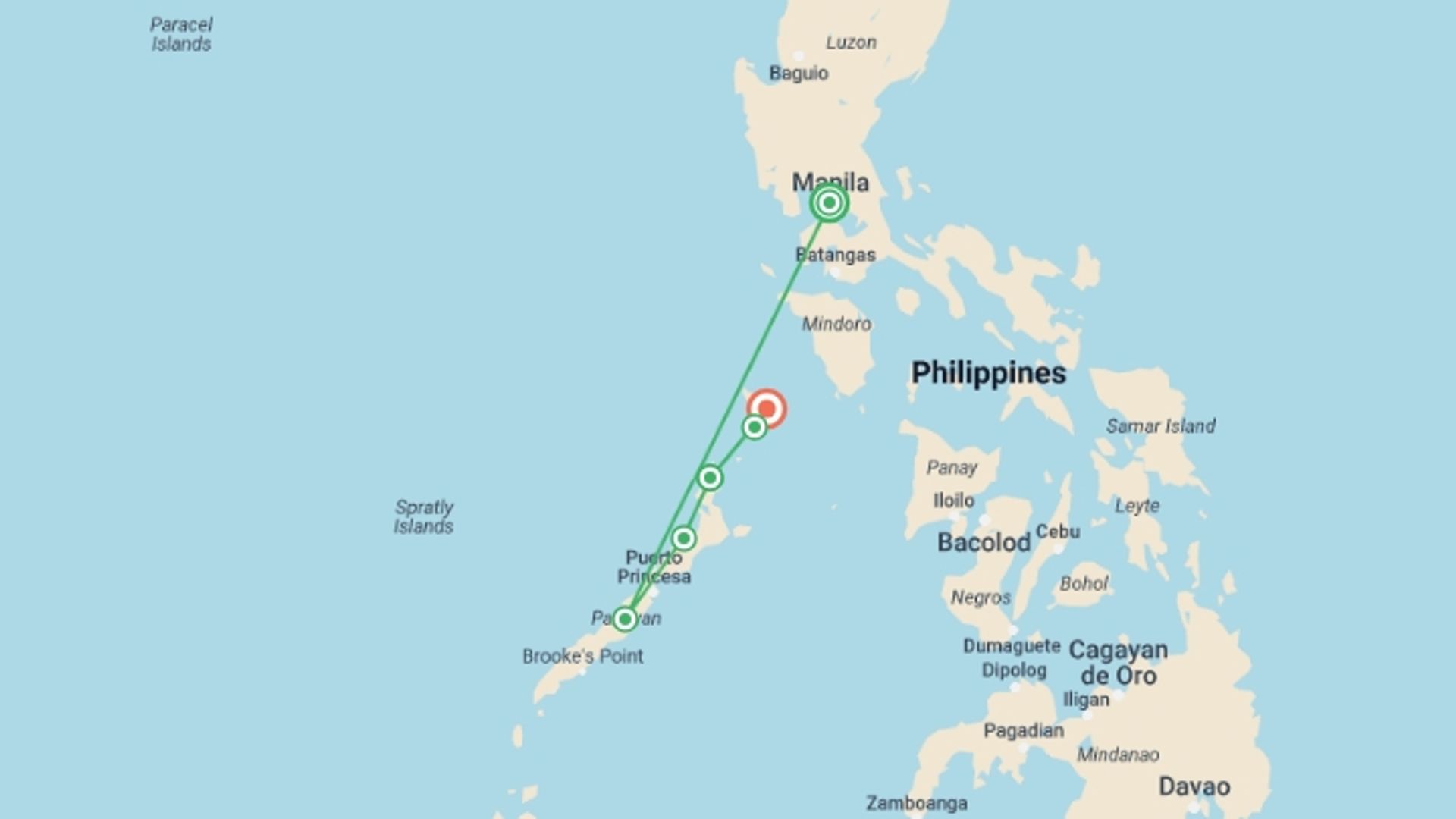 A map showing the tour itinerary for the trip: Philippines West, starting in Manila, Philippines and ending in Coron, Philippines going through 4 other destinations.