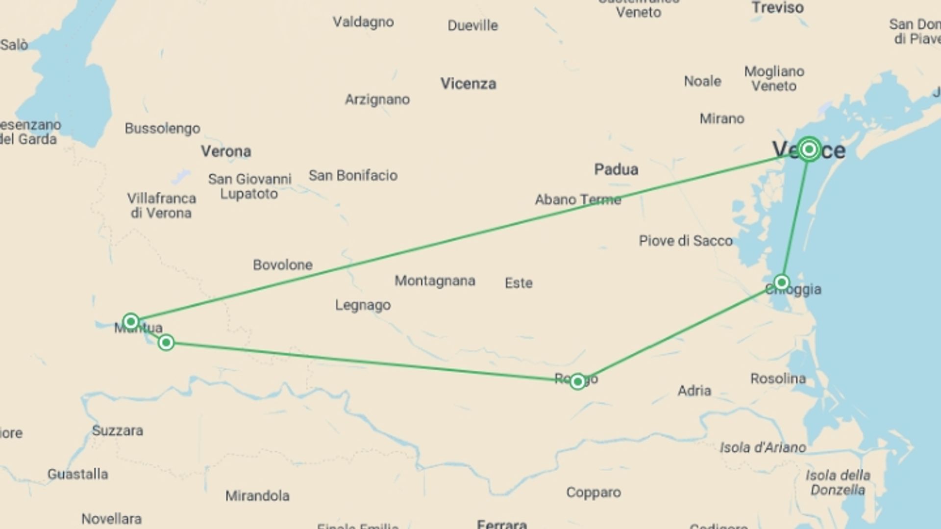 A map showing the tour itinerary for the trip: From the Canals of Venice to Renaissance-infused Mantua, starting in Venice, Italy and ending in Venice, Italy going through 3 other destinations.