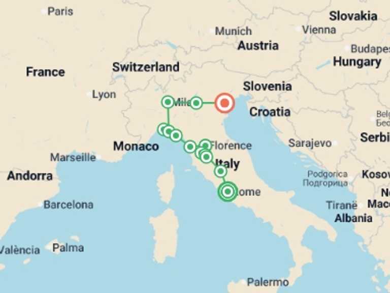 Map itinerary of Europe Tour in July 2026 with 7 destination visits for the trip: The Essential of Italy