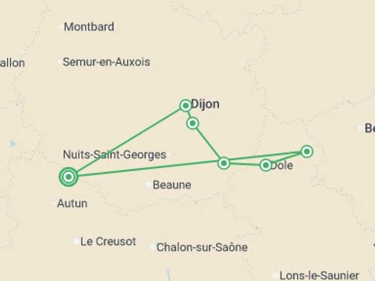 Map of France Tour with 6 destination visits for the trip: Remarkable Sites and Fine Wines on a Cruise through Burgundy and the Doubs Valley (port-to-port cruise)