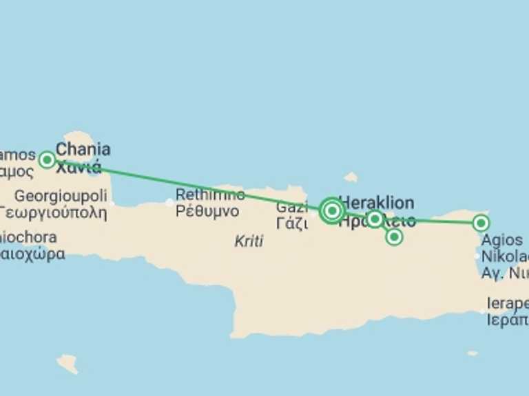 Map itinerary of Heraklion Tour in July 2026 with 2 destination visits for the trip: Treasures Of Crete