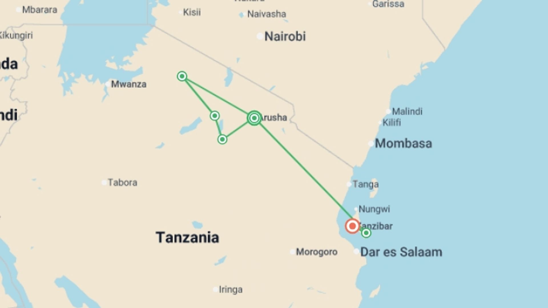 A map showing the tour itinerary for the trip: Incredible Tanzania: Serengeti to Zanzibar, starting in Arusha, Tanzania and ending in Zanzibar, Tanzania going through 5 other destinations.