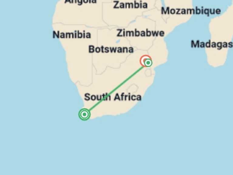 Map itinerary of Africa Tour in May 2027 with 3 destination visits for the trip: Cape Town & Kruger (Mantobeni Camp) - 9 days