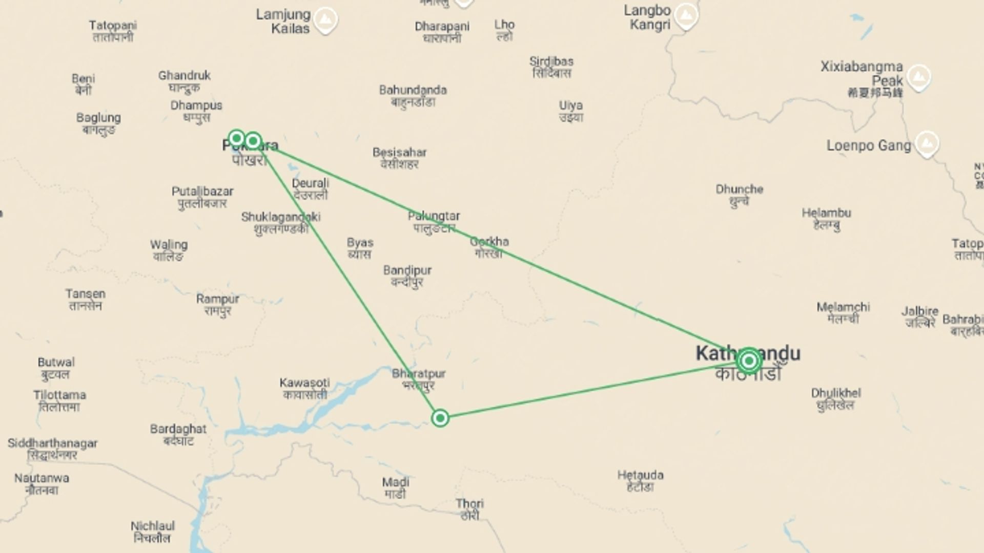 A map showing the tour itinerary for the trip: Nepal Multi Sports Adventure, starting in Kathmandu, Nepal and ending in Kathmandu, Nepal going through 3 other destinations.