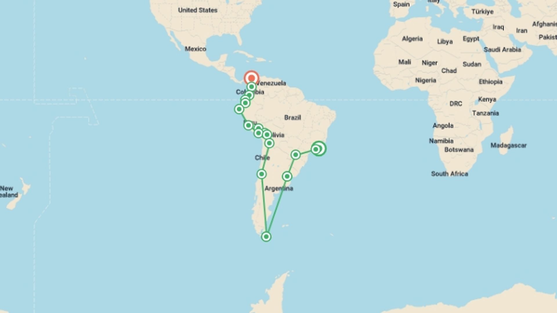 A map showing the tour itinerary for the trip: RIO TO CARTAGENA (18.5 WEEKS) KINGDOMS & CARNIVALS, starting in Rio de Janeiro, Brazil and ending in Cartagena, Colombia going through 17 other destinations.