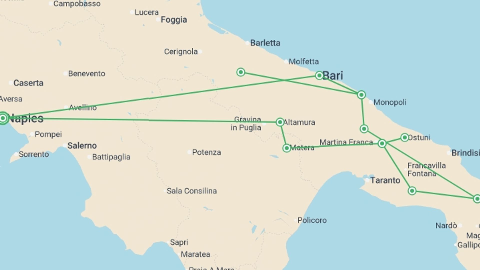 A map showing the tour itinerary for the trip: Secrets of Puglia, starting in Naples, Italy and ending in Naples, Italy going through 4 other destinations.
