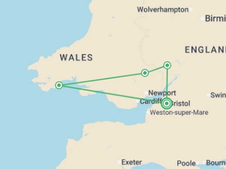 Map of 3-Day UK and Britain Tour with 3 destination visits for the trip: Scenic South Wales (Hotel) - 3 days