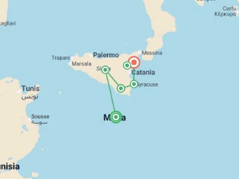 Map itinerary of Sliema Tour in Spring with 4 destination visits for the trip: Old World Sicily & Malta 