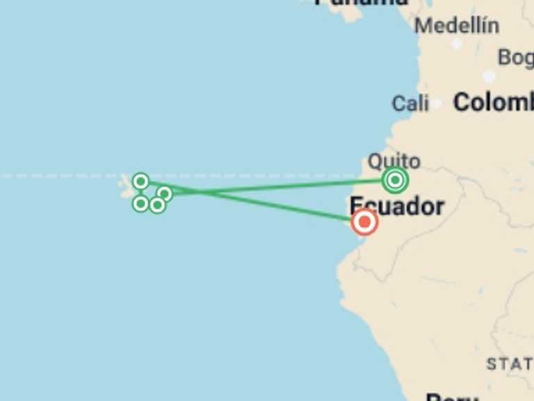 Map itinerary of Quito Tour in March 2026 with 6 destination visits for the trip: Galapagos Escape - Solaris (Itinerary C)