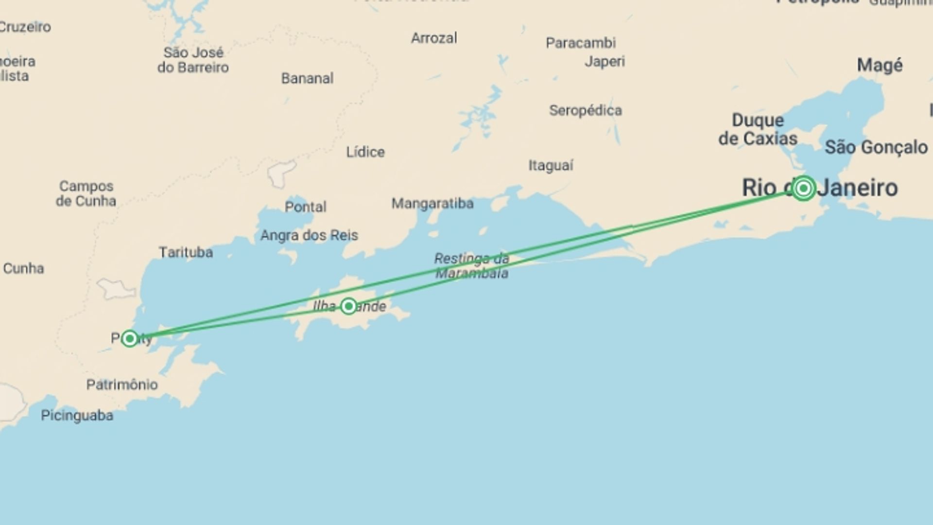 A map showing the tour itinerary for the trip: Costa Verde Explorer 5D/4N, starting in Rio de Janeiro, Brazil and ending in Rio de Janeiro, Brazil going through 2 other destinations.