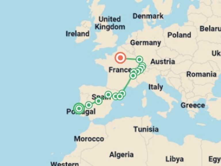 Map itinerary of Lisbon Tour in December 2025 with 8 destination visits for the trip: Portugal, Spain, Switzerland and France