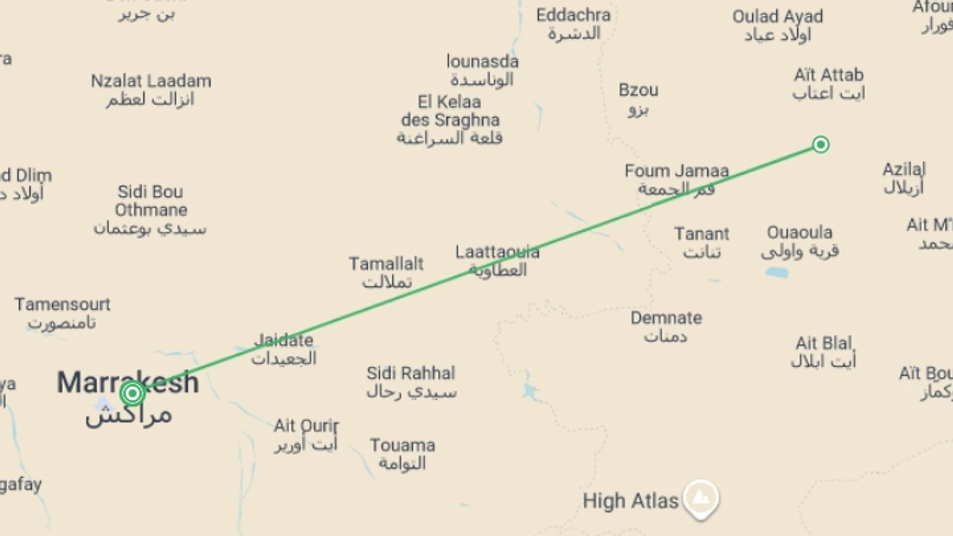A map showing the tour itinerary for the trip: Marrakech Mini Stay 4D/3N, starting in Marrakech, Morocco and ending in Marrakech, Morocco going through 0 other destinations.