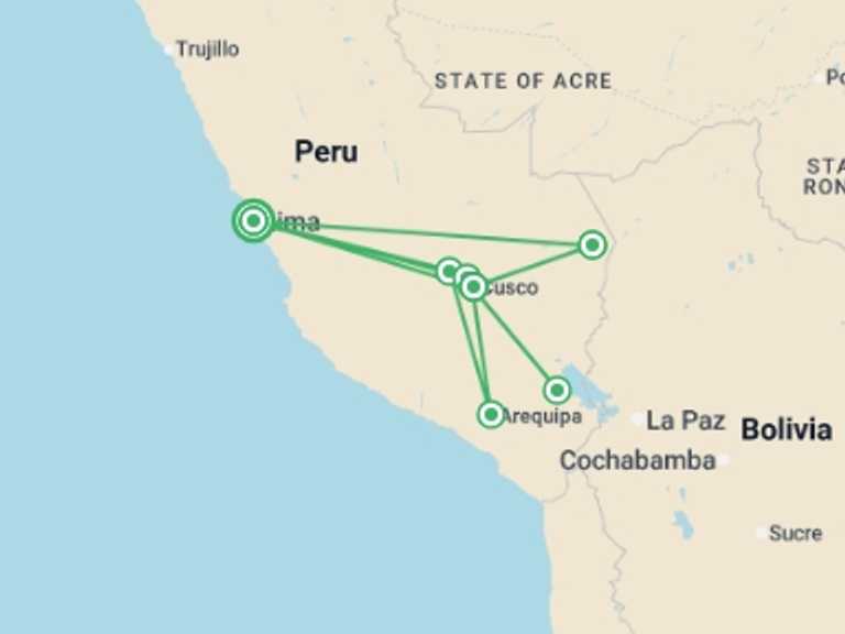Map itinerary of Peru Tour in February 2026 with 7 destination visits for the trip: Peru Uncovered