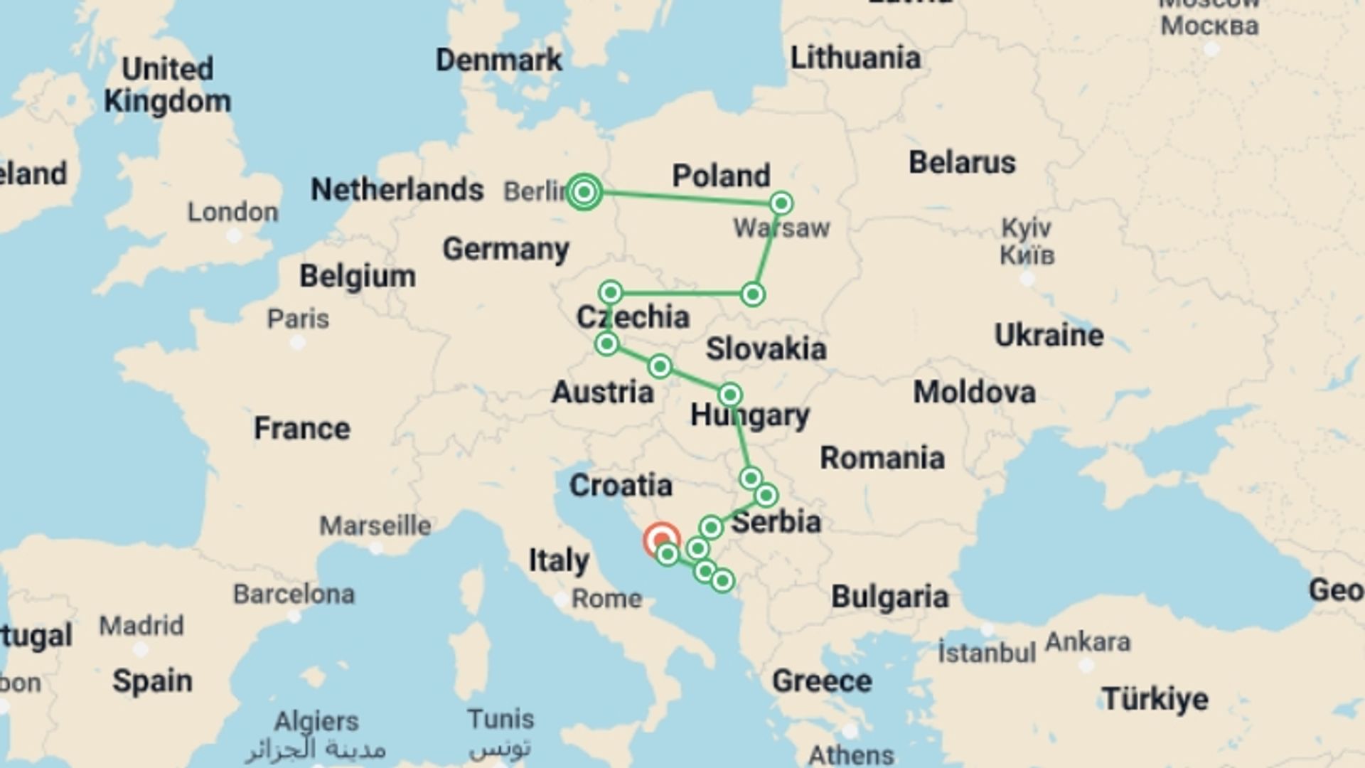 A map showing the tour itinerary for the trip: Eastern Europe, Croatia & the Balkans, starting in Berlin, Germany and ending in Split, Croatia going through 13 other destinations.
