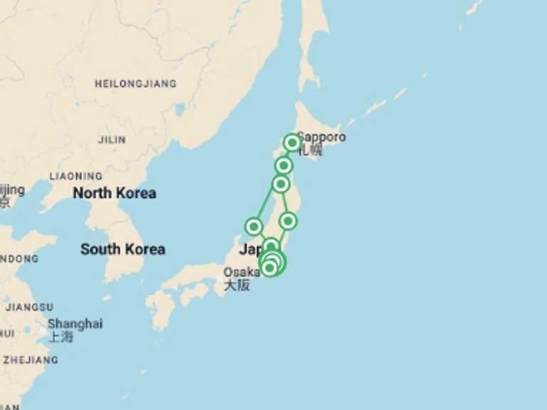 Map itinerary of Japan Tour in Summer with 8 destination visits for the trip: Japan Northern Explorer