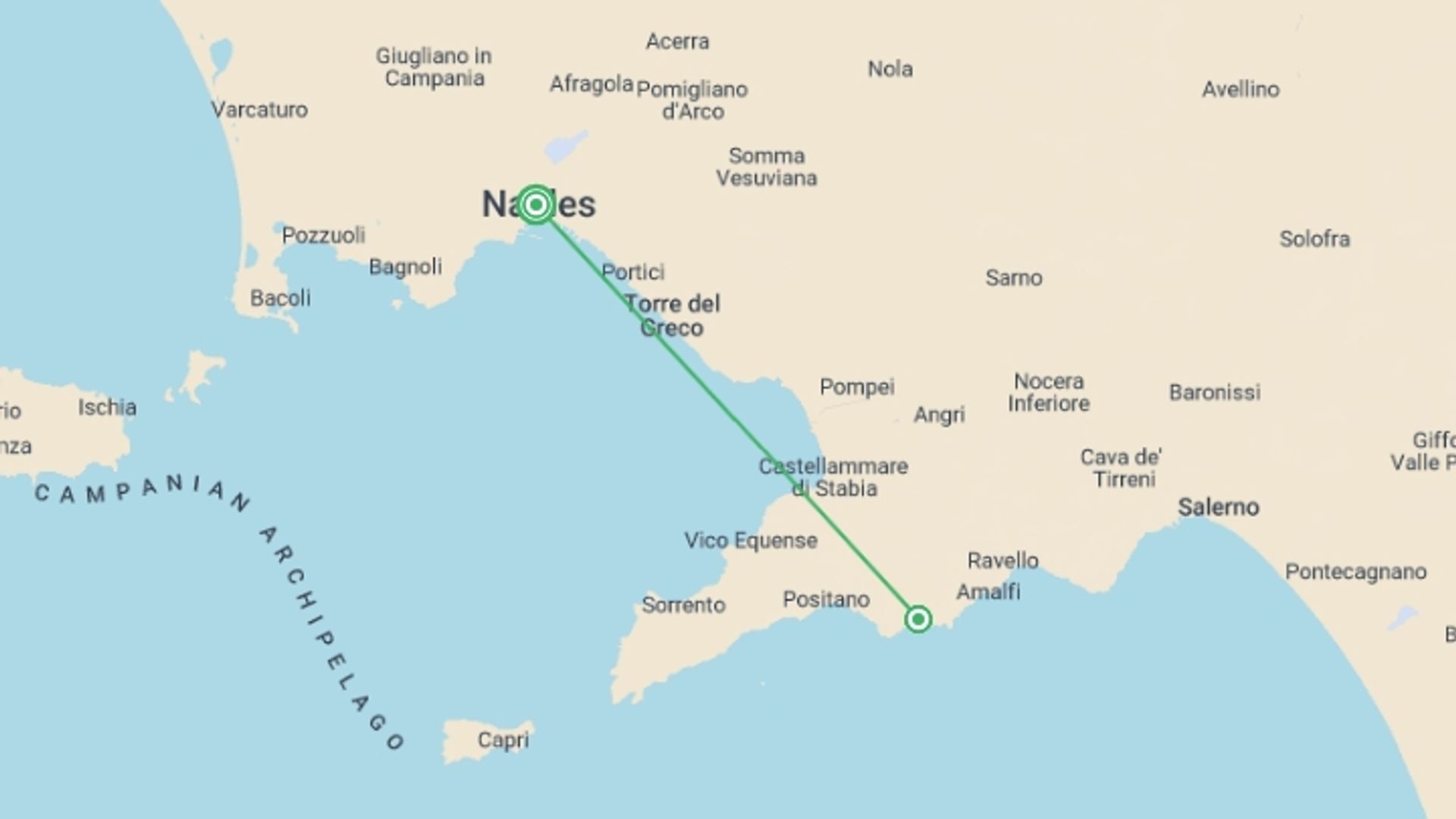 A map showing the tour itinerary for the trip: Local Living Italy—Amalfi Coast, starting in Naples, Italy and ending in Naples, Italy going through 2 other destinations.