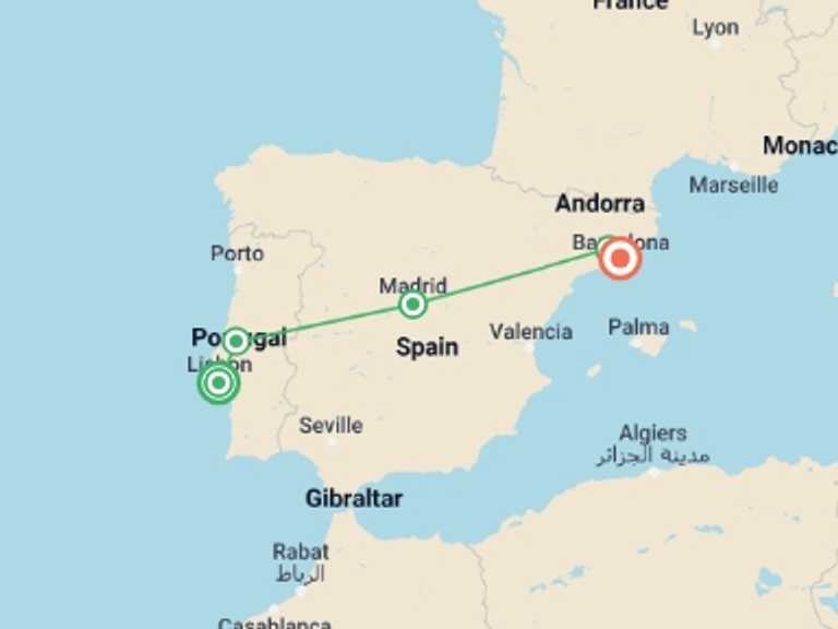 Map of Lisbon Sightseeing Tour with 3 destination visits for the trip: Wonders of Lisbon, Madrid and Barcelona