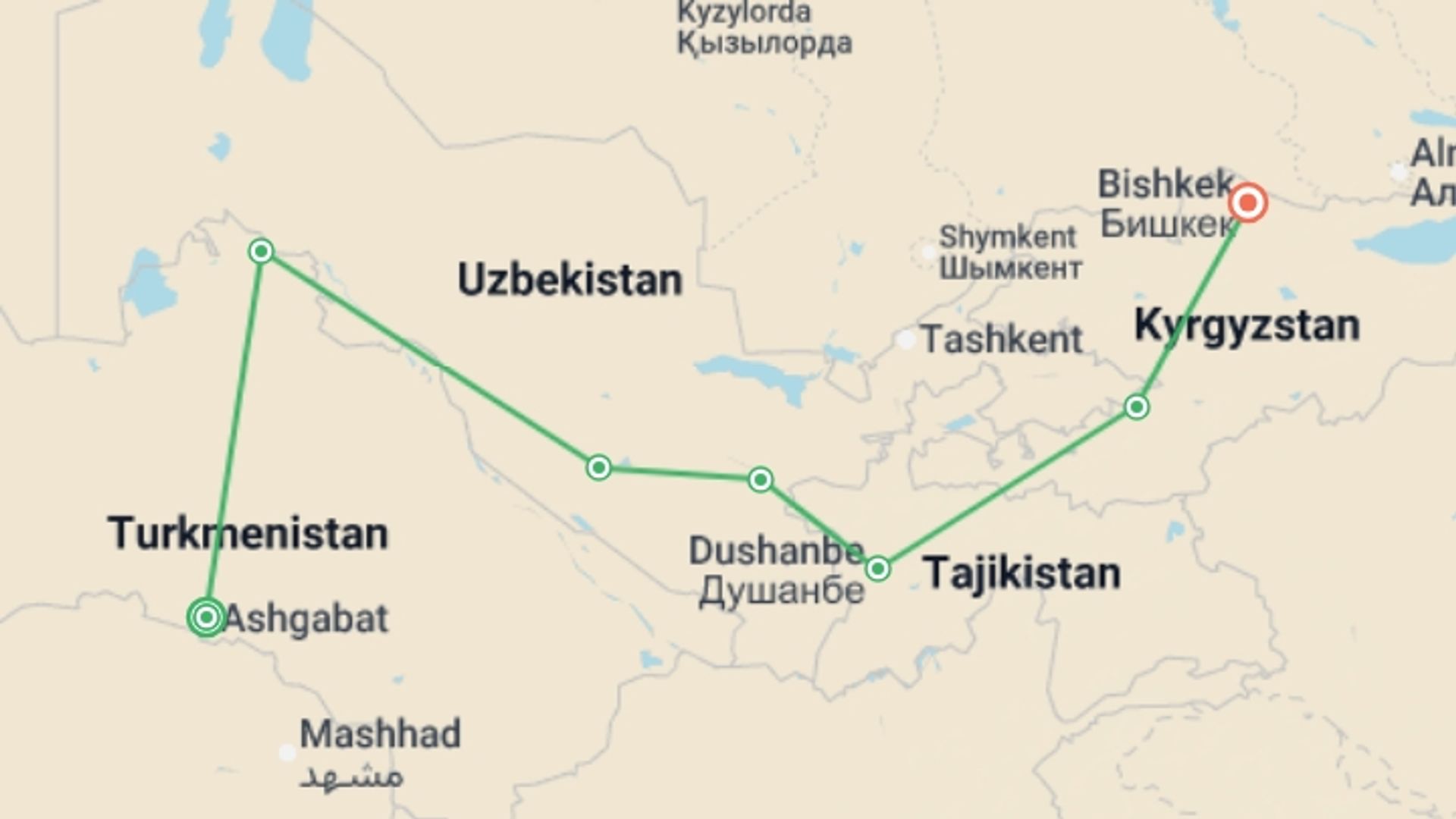 A map showing the tour itinerary for the trip: Ashgabat To Bishkek (30 Days), starting in Ashgabat, Turkmenistan and ending in Bishkek, Kyrgyzstan going through 5 other destinations.