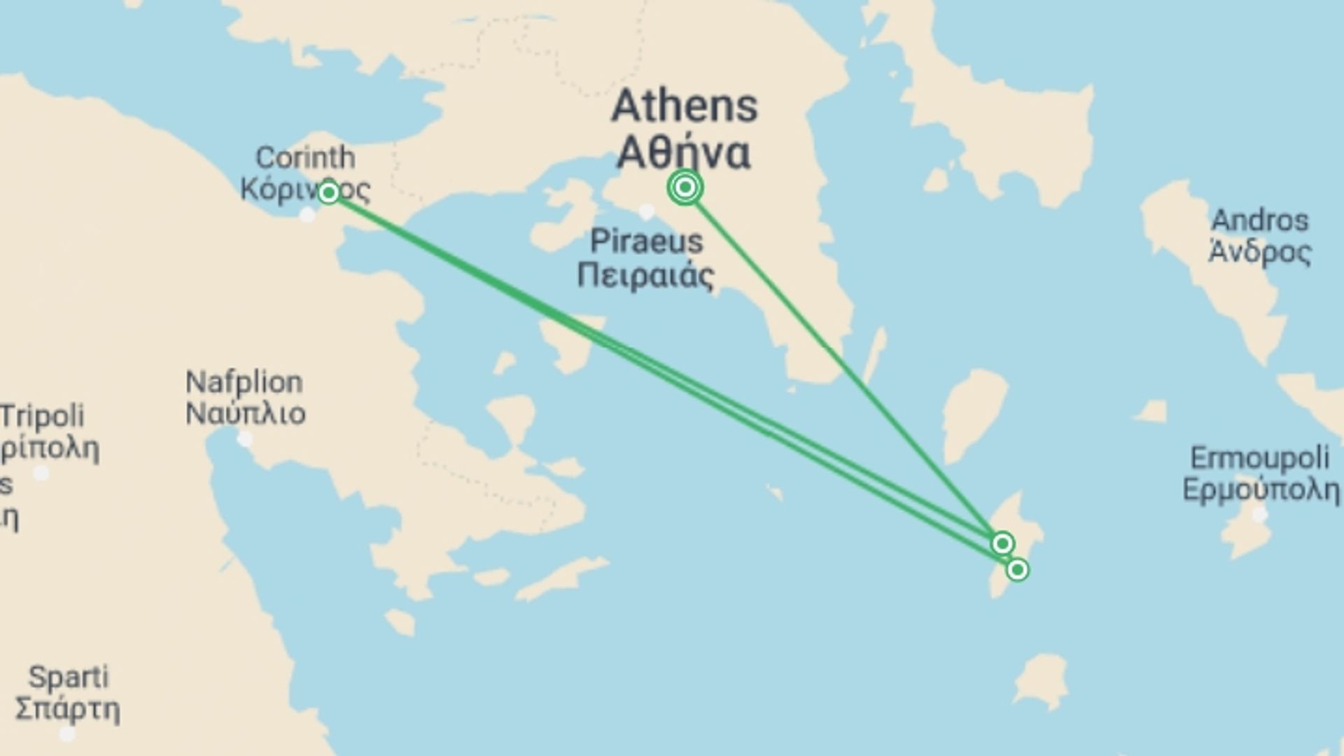 A map showing the tour itinerary for the trip: Walking on Kythnos Island - Premium, starting in Athens, Greece and ending in Athens, Greece going through 3 other destinations.