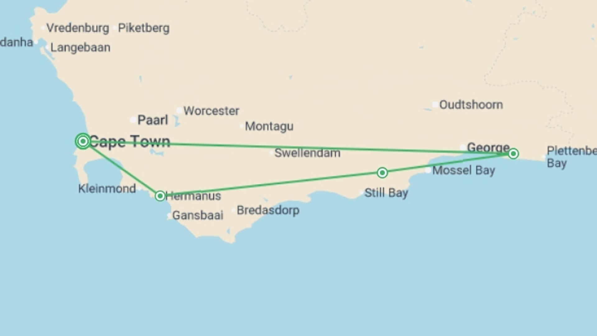 A map showing the tour itinerary for the trip: Wonders of the Western Cape, starting in Cape Town, South Africa and ending in Cape Town, South Africa going through 3 other destinations.