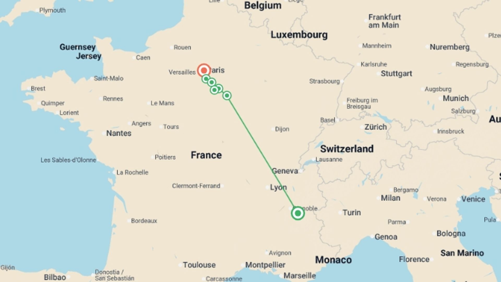 A map showing the tour itinerary for the trip: Revisit France's Past, its Royal Sites, and Medieval Cities during a Historic Cruise on the Petite Seine (port-to-port cruise), starting in Bourg D'oisans, France and ending in Paris, France going through 5 other destinations.