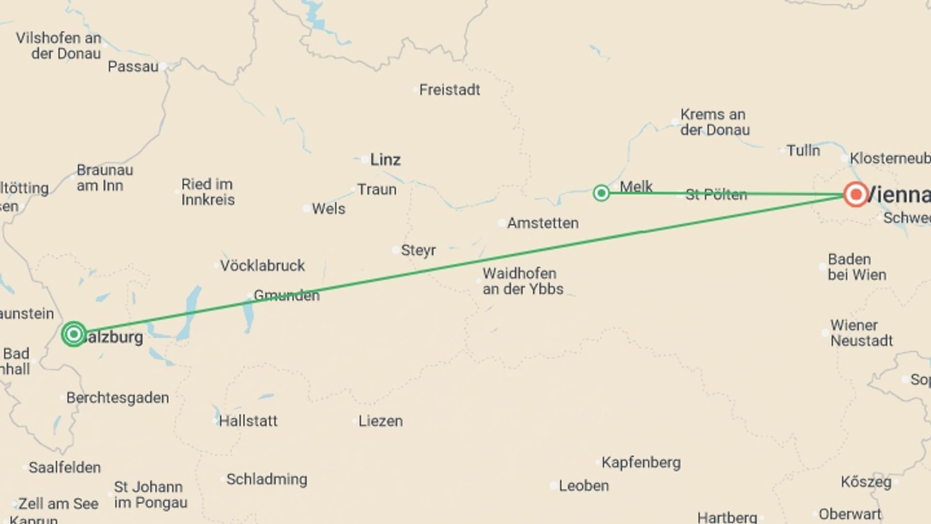 A map showing the tour itinerary for the trip: Salzburg, Vienna & Danube Valley - 8 days, starting in Salzburg, Austria and ending in Vienna, Austria going through 1 other destinations.