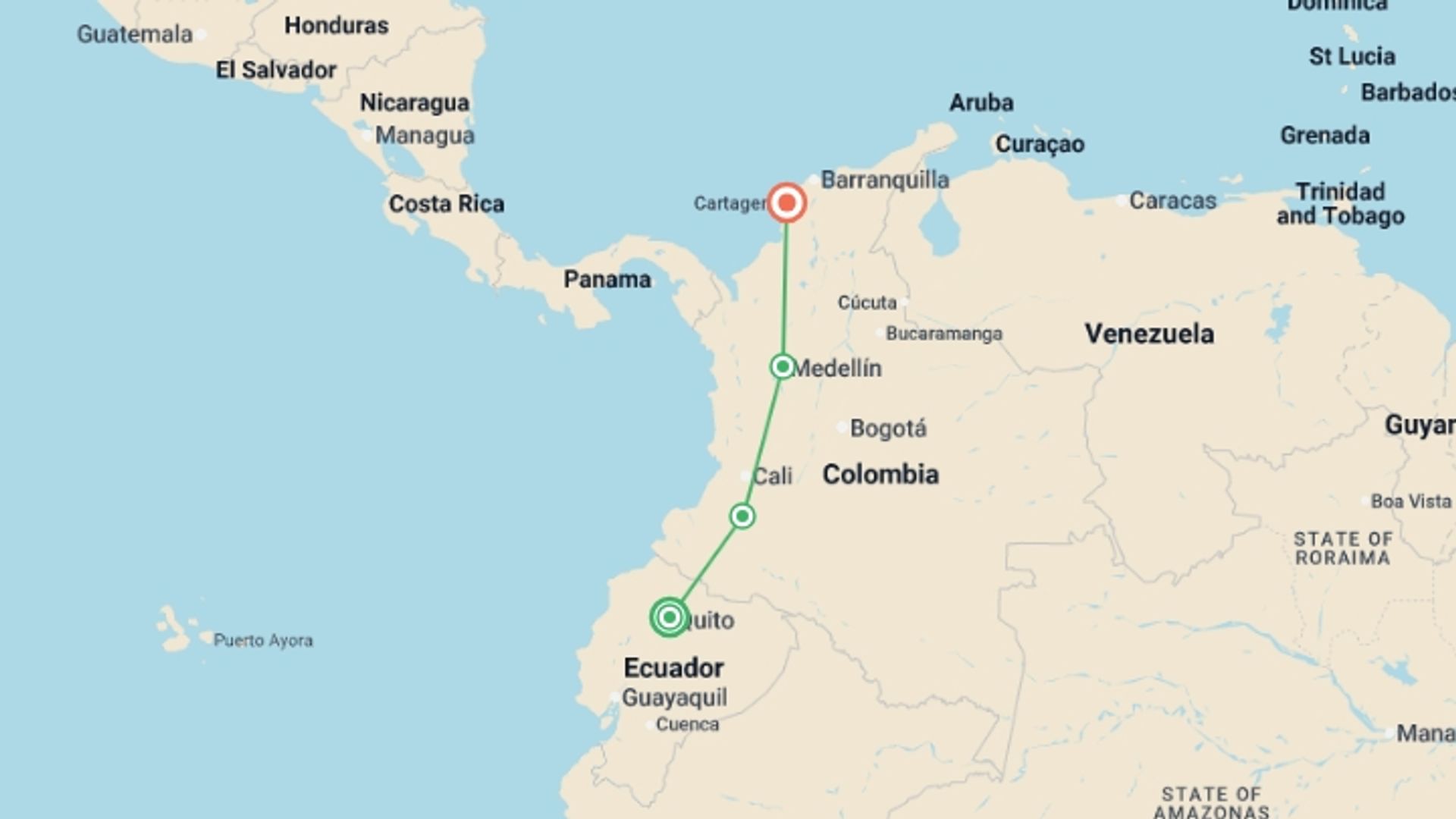 A map showing the tour itinerary for the trip: QUITO to CARTAGENA (21 days) Colombian Adventure, starting in Quito, Ecuador and ending in Cartagena, Colombia going through 3 other destinations.