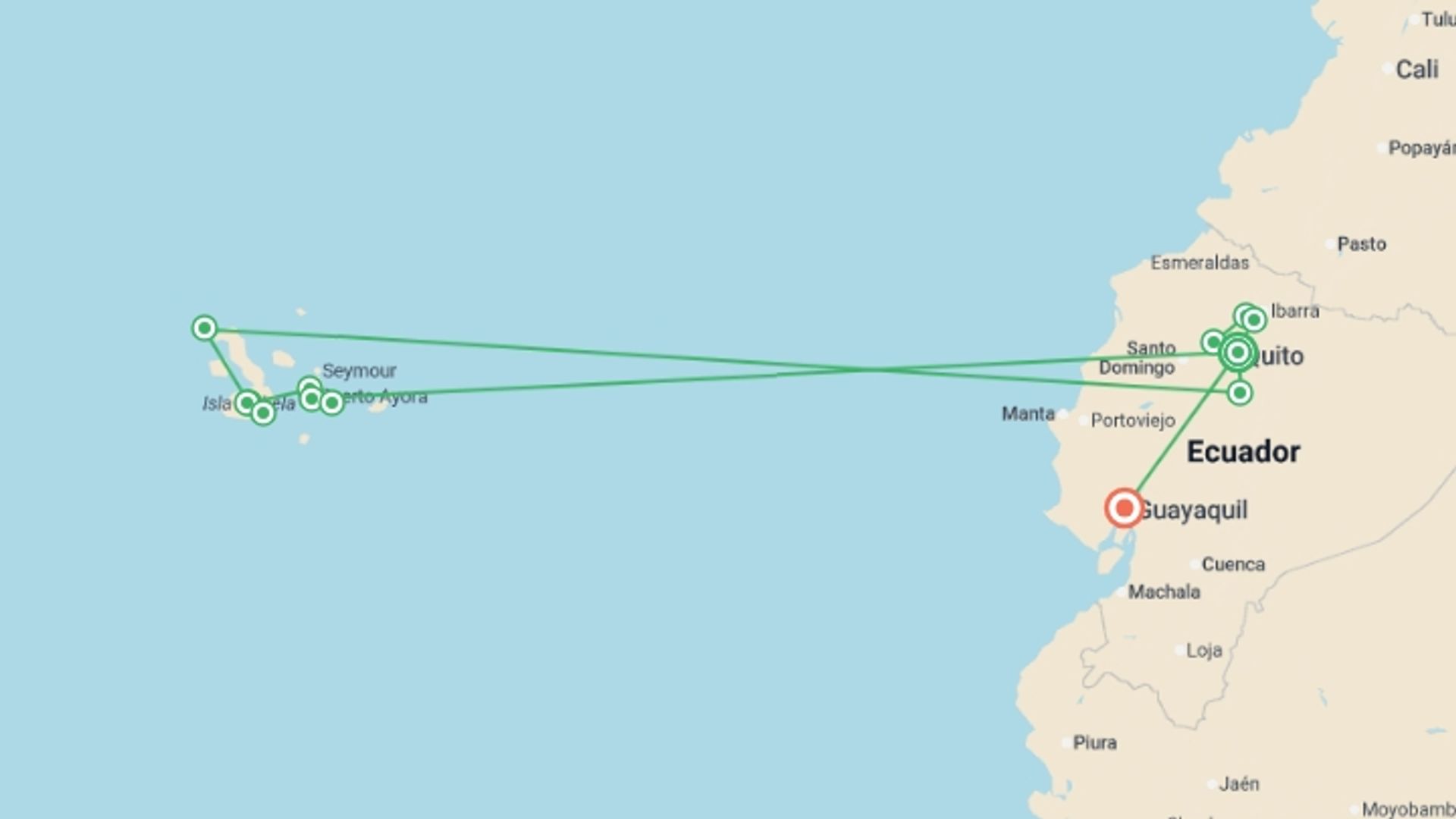 A map showing the tour itinerary for the trip: Volcanoes and Galapagos, starting in Quito, Ecuador and ending in Guayaquil, Ecuador going through 10 other destinations.