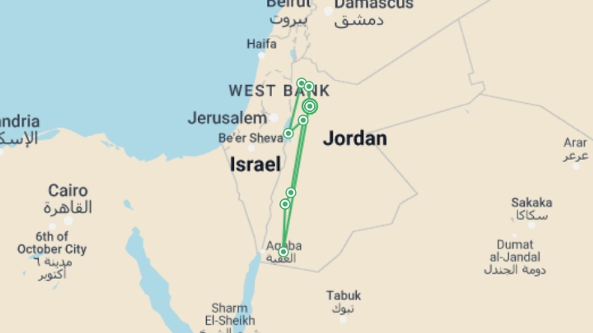 A map showing the tour itinerary for the trip: Best of Jordan Luxury Tour, starting in Amman, Jordan and ending in Amman, Jordan going through 3 other destinations.